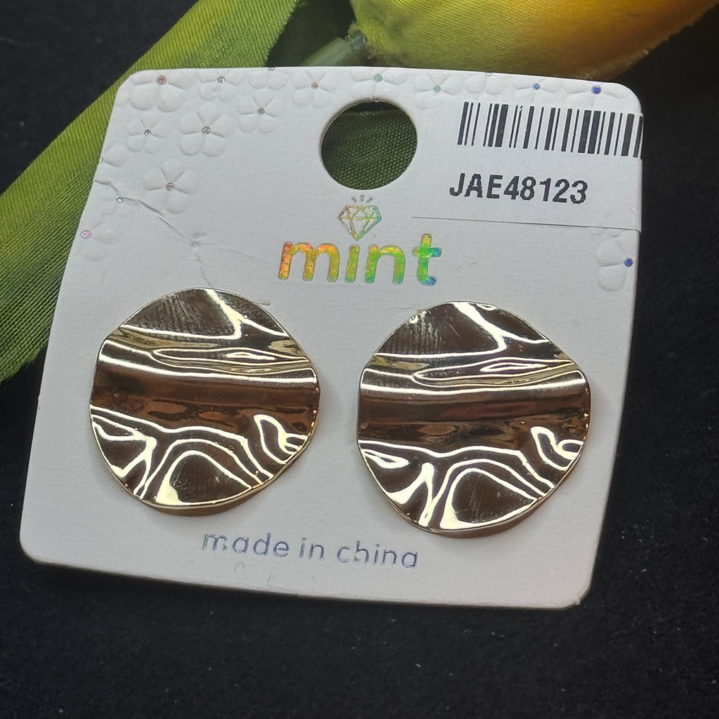 Mint Gold Tone Flat Textured Disc Post Earring 1 Inch Approx